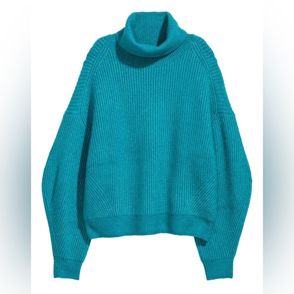 H&M women’s chunky knit wool blend ballon sleeve turtle neck sweater teal - Picture 2 of 6